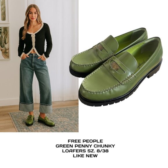 Free People Shoes - FREE PEOPLE GREEN LEATHER CHUNKY PENNY LOAFERS SIZE 8/38 LIKE NEW
